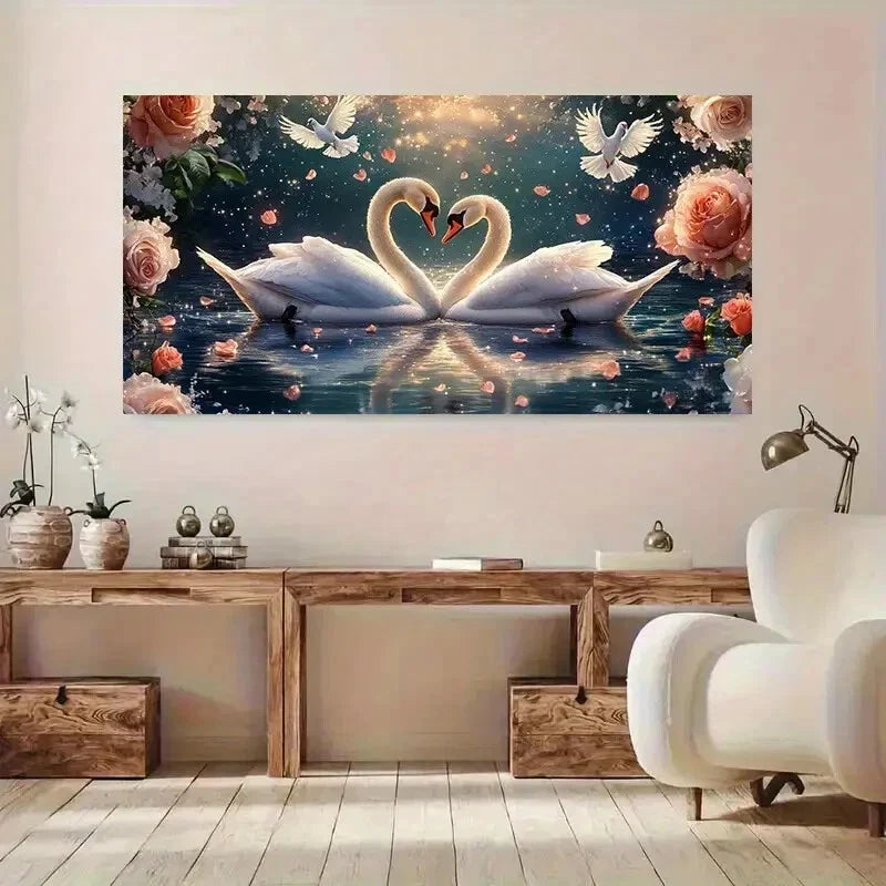 Abstract Blue White Swan wall canvas office home room framed 80x45cm