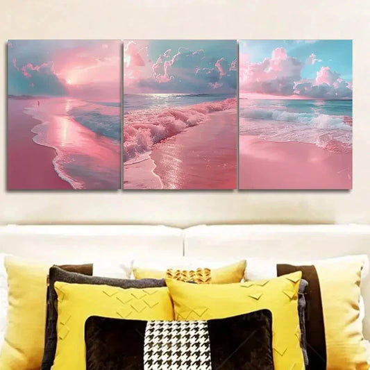 3pcs Set Pink Sandy Beach Canvas Wall Art Metal Print Ready to Hang Art