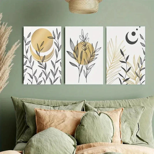 3pcs Mustard Yellow and Grey Leaves Metal Print Ready to Hang Art