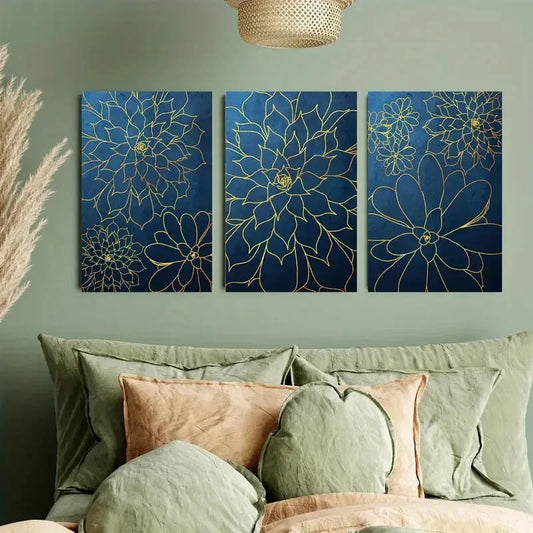 3pcs Golden & Blue Succulent Plant Patterns Metal Print Ready to Hang Art