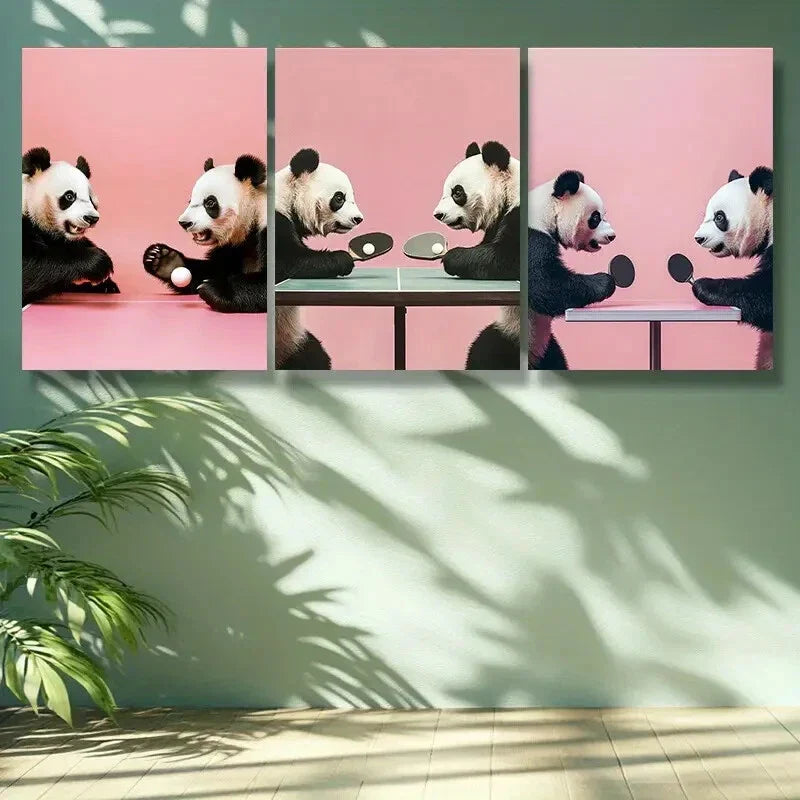 3pcs  Table tennis panda Art Painting Metal Print Ready to Hang Art