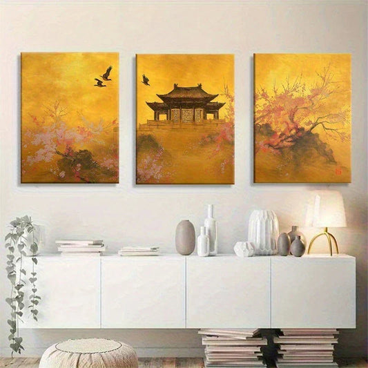 3pcs Retro Golden Tone Cherry Blossoms Metal Print Ready to Hang Art