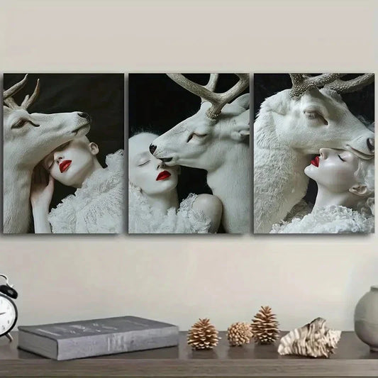 3pcs White Deer, girl Art Painting Metal Print Ready to Hang Art