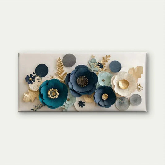 Blue & Teal Floral with Golden Wall Art Canvas Office Home Room Framed 80x45cm