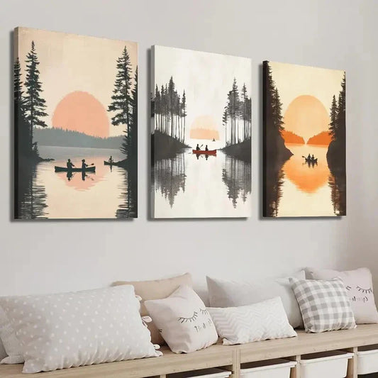 3pcs Sunset Lake Forest Wall Art Set Canvas Framed 40x60cm - High Quality Print 100% Australian Made Wall Canvas Ready to Hang