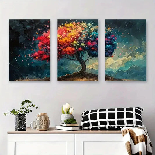 3pcs Vibrant Tree Abstract Modern Palette Knife Metal Print Ready to Hang Art