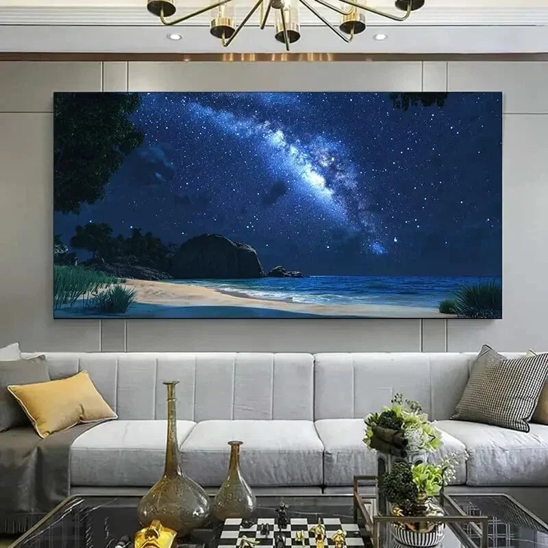 Vibrant Starry Night Beach wall canvas office home room framed 120x60cm