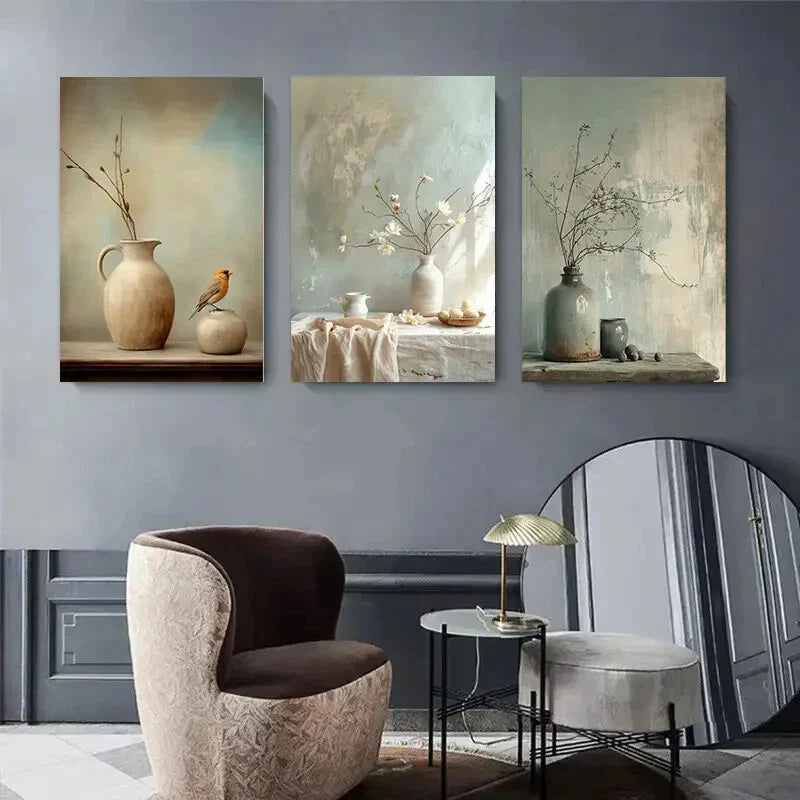 3pcs Vintage Floral Vase And Bird Soft Pastel Metal Print Ready to Hang Art