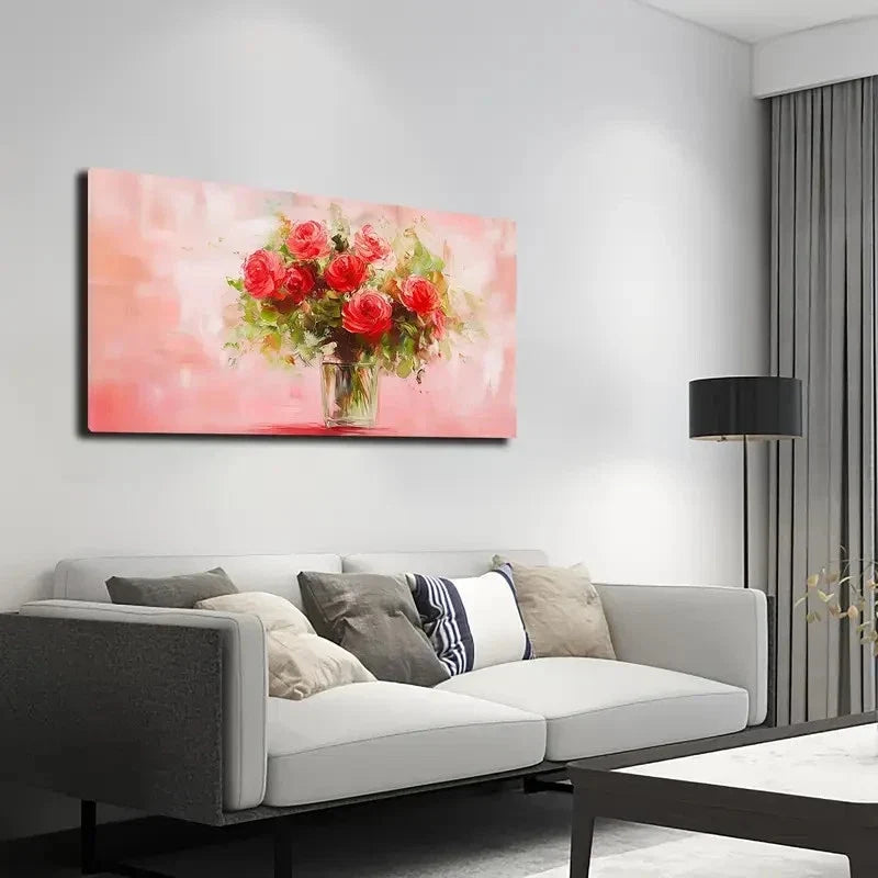 Red Rose Vase With Pink Roses Wall Art canvas office home room framed 120x60cm