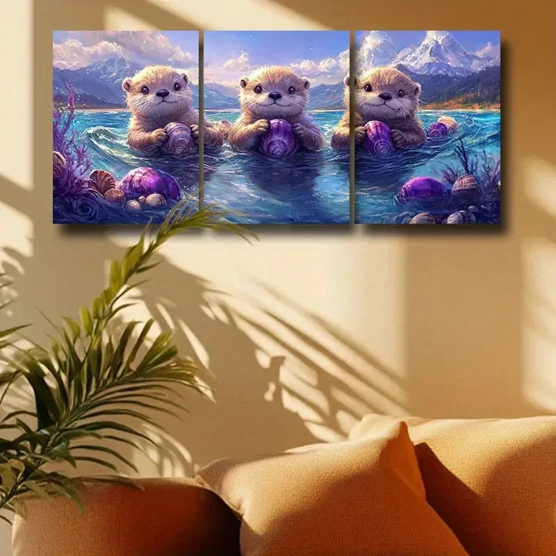 3pcs Three Lovely Otters Metal Print Ready to Hang Art