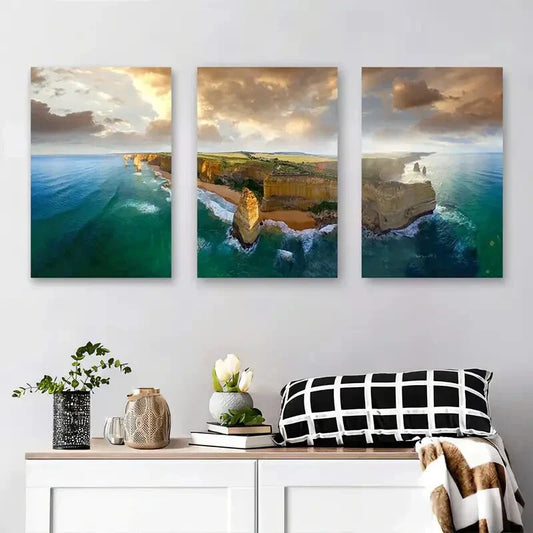 3pcs Serene Seaside Landscape with Dramatic Sky Metal Print Ready to Hang Art