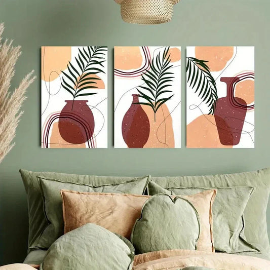3pcs Tropical Green Leaves & Abstract Shapes Metal Print Ready to Hang Art