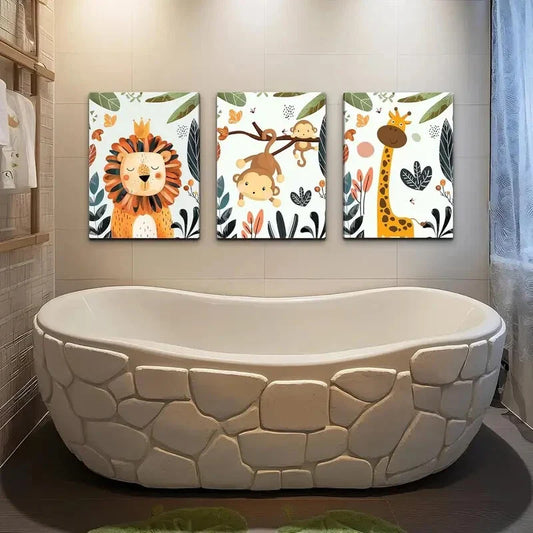 3pcs Cute Animals, Oil Painting Metal Print Ready to Hang Art