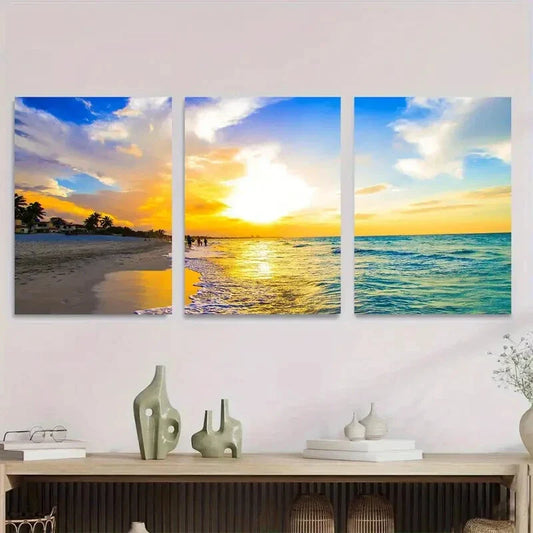 3pcs Beach Sunset Triptych Vibrant Orange & Blue Metal Print Ready to Hang Art