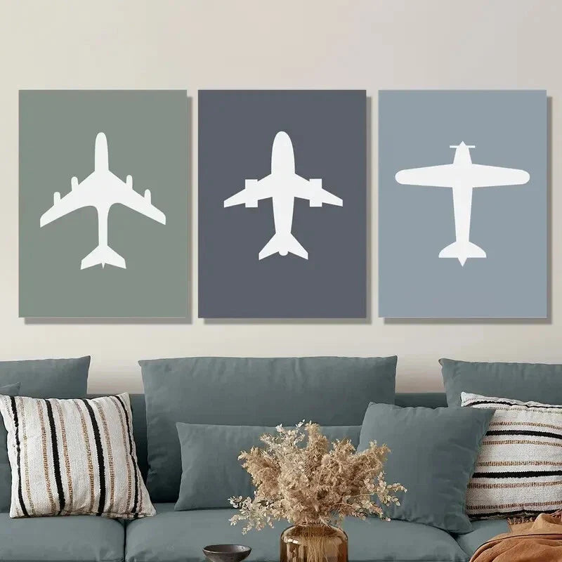 3pcs Airplane color filled icon, aviation Metal Print Ready to Hang Art