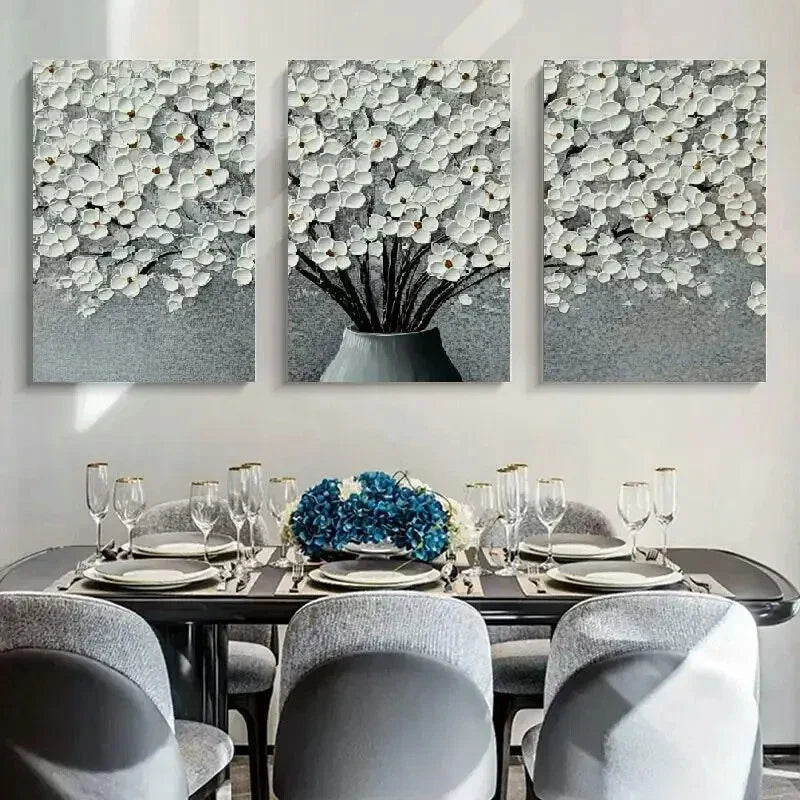 3pcs Elegant White Floral Canvas Art Print Metal Print Ready to Hang Art