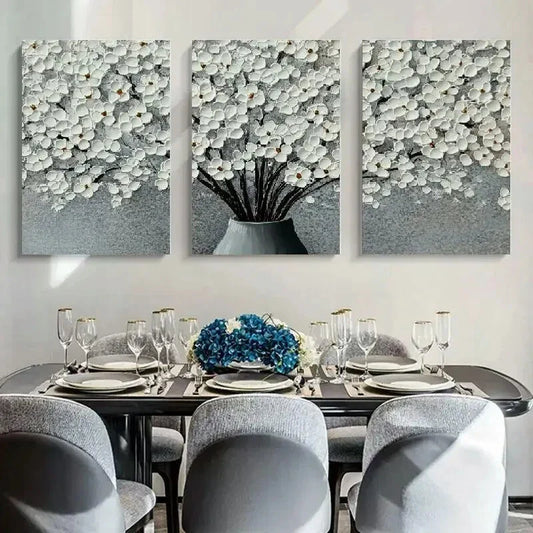 3pcs Elegant White Floral Canvas Art Print Metal Print Ready to Hang Art