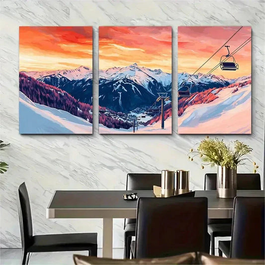 3pcs Vibrant Sunset & Mountain Scenery Metal Print Ready to Hang Art