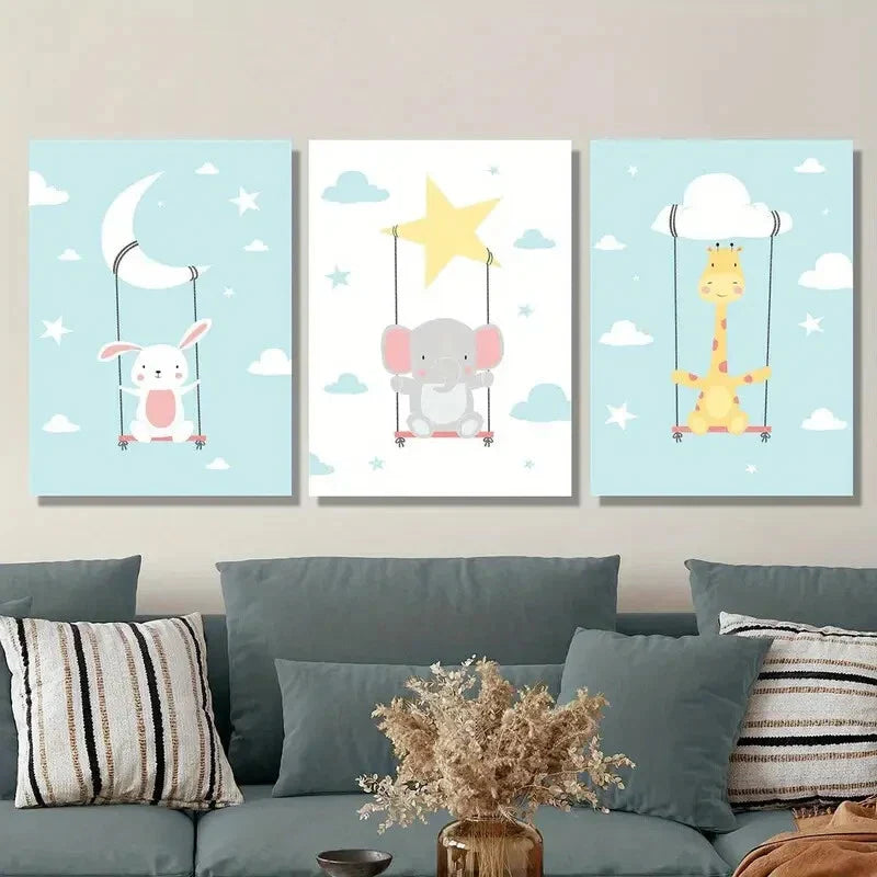 3pcs Adorable Animals on Swing, Moon &amp; Stars Metal Print Ready to Hang Art