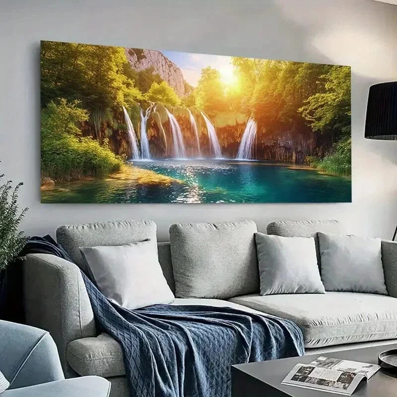 Waterfall & sunlit forest wall canvas office home room framed 120x60cm