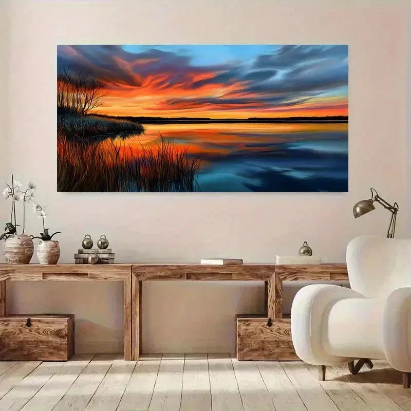 Sunset Tranquil Lake Scenery Wall Art Canvas Office Home Room Framed 120x60cm