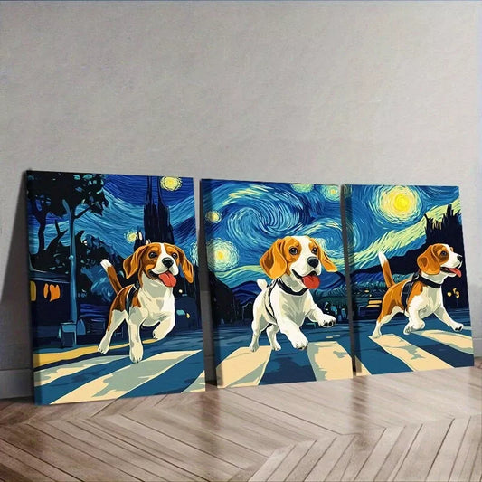 3pcs Beagle Dogs Crossing The Street Wall Art Set Canvas Framed 40x60cm - High Quality Print 100% Australian Made Wall Canvas Ready to Hang