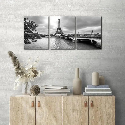 3pcs Paris Tower from Seine Black and White Metal Print Ready to Hang Art