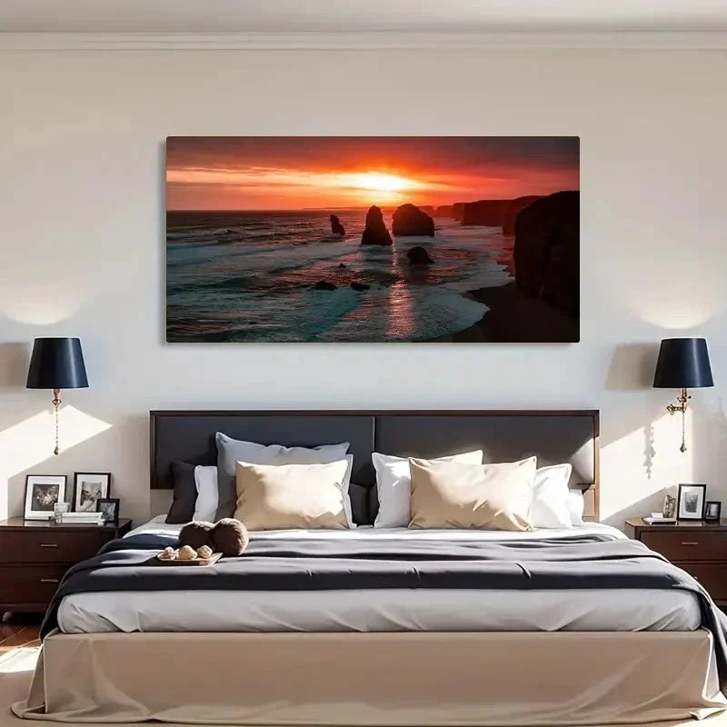 Seashore Sunset Vintage Wall Art Canvas Office Home Room Framed 80x45cm