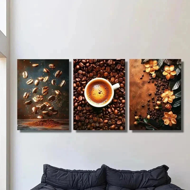 3pcs Coffee Beans & Cup of Coffee Decoration Wall Art Set Canvas Framed 40x60cm - High Quality Print 100% Australian Made Wall Canvas Ready to Hang