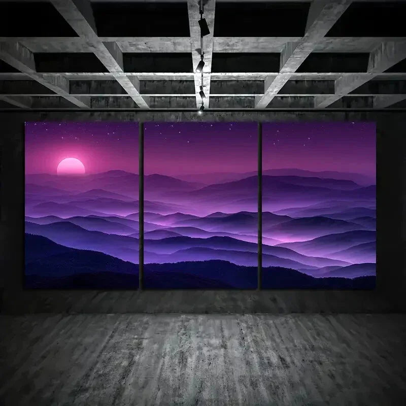 3pcs Purple Sky Sunset Mountain Range Metal Print Ready to Hang Art