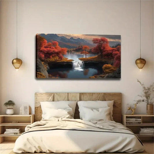 Red Leaf Forest & Mountain Wall Art canvas office home room framed 120x60cm