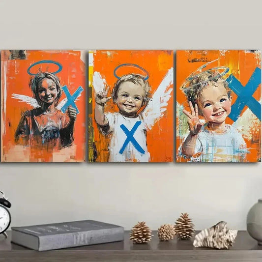 3pcs Abstract Angel Trio with Blue Hats Metal Print Ready to Hang Art