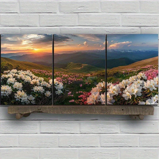 3pcs Sunset Mountain Landscape Floral Metal Print Ready to Hang Art