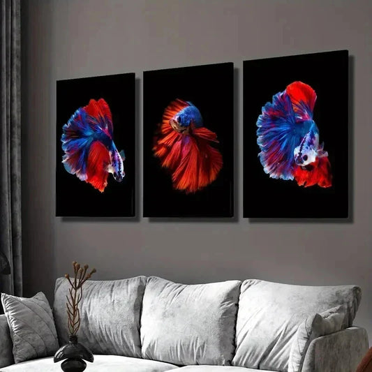 3pcs Vibrant Blue & Red Siamese Fighting Fish Wall Art Set Canvas Framed 40x60cm - High Quality Print 100% Australian Made Wall Canvas Ready to Hang