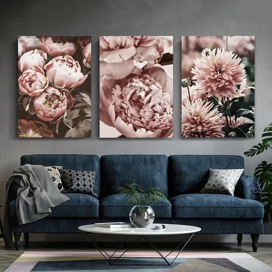 3pcs Peony Flowers Rose Theme Metal Print Ready to Hang Art