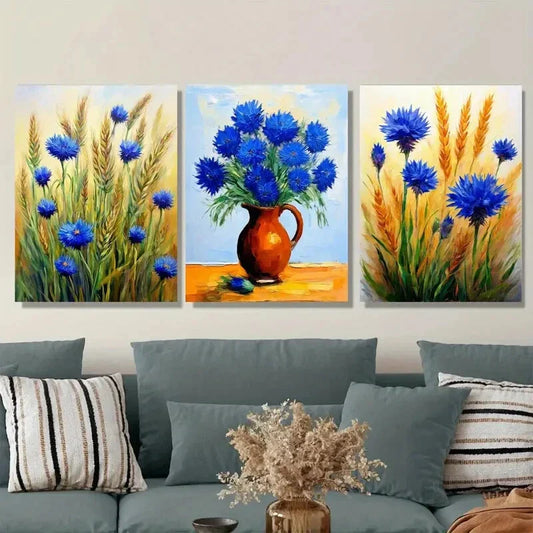 3pcs Blue Floral Bouquet in Vase Metal Print Ready to Hang Art