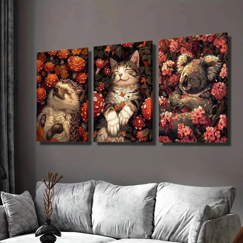 3pcs Hedgehog Cat Koala in Mushroom & Flowers Wall Art Set Canvas Framed 40x60cm - High Quality Print 100% Australian Made Wall Canvas Ready to Hang