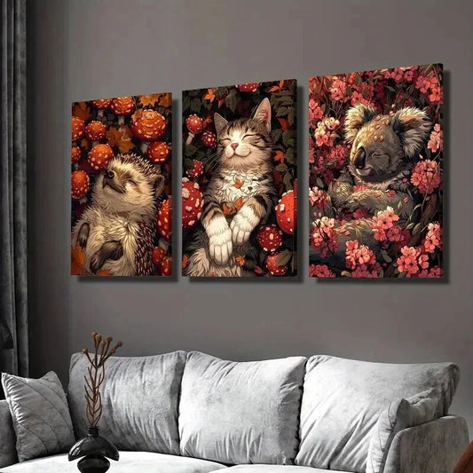 3pcs Hedgehog Cat Koala in Mushroom & Flowers Wall Art Set Canvas Framed 40x60cm - High Quality Print 100% Australian Made Wall Canvas Ready to Hang