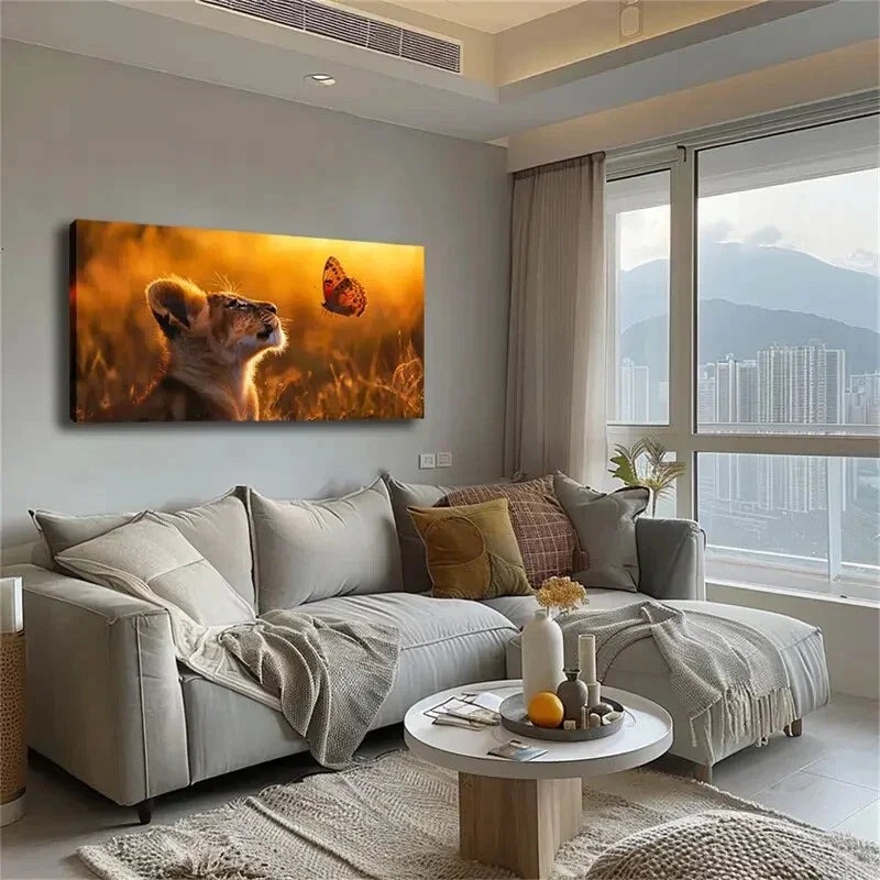 Lion & Butterfly Nature Scene Wall Art Canvas Office Home Room Framed 120x60cm