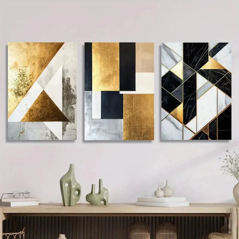3pcs Abstract Black & Golden Marble Metal Print Ready to Hang Art