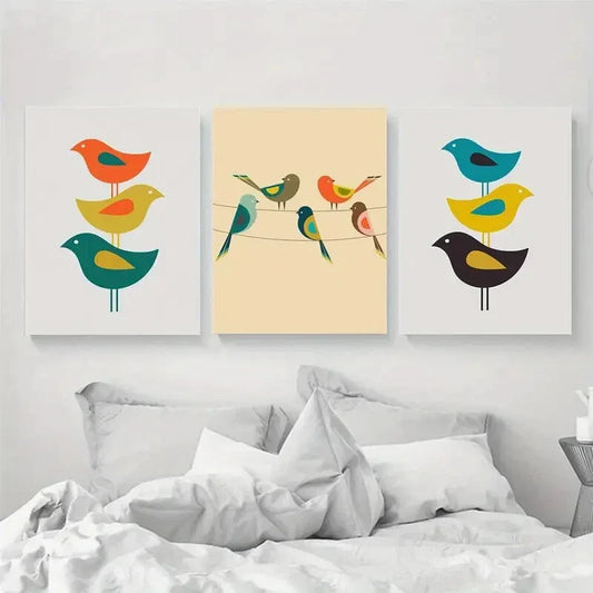 3pcs Mid-Century Modern Bird Illustrations Metal Print Ready to Hang Art