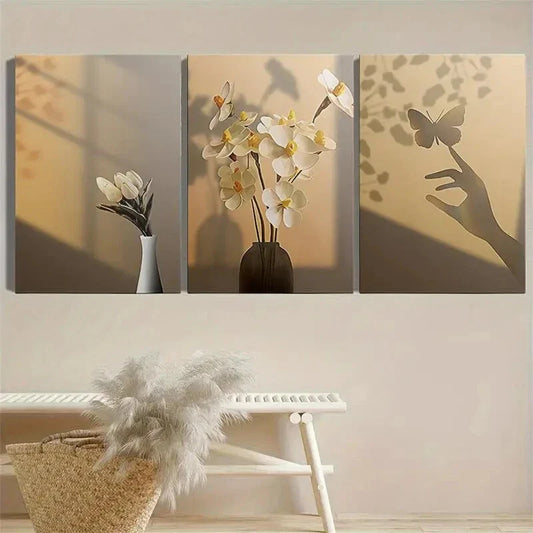 3pcs Light Shadow Butterfly And Floral Metal Print Ready to Hang Art