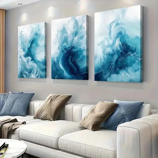 3pcs Deep Blue and Aqua Watercolor Design Wall Art Set Canvas Framed 40x60cm - High Quality Print 100% Australian Made Wall Canvas Ready to Hang