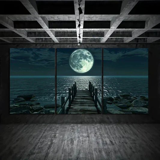 3pcs A Night Scene with The Moon Shining Metal Print Ready to Hang Art