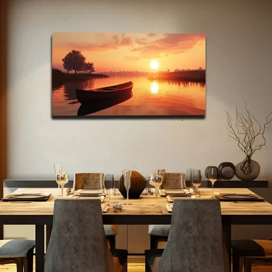 Serene Sunset Boat Scene Grass Wall Art Canvas Office Home Room Framed 120x60cm