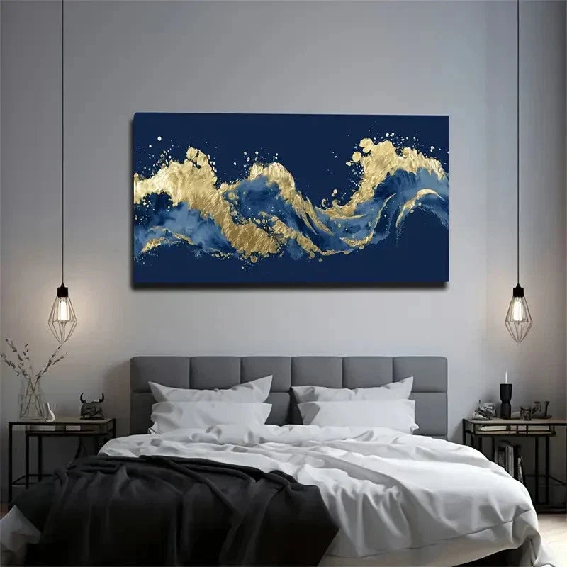 Navy Blue & Golden Textured Wall Art Canvas Office Home Room Framed 80x45cm