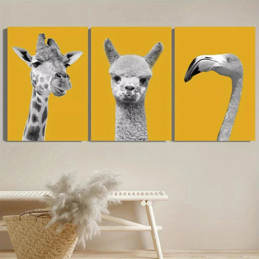 3pcs Giraffe Alpaca Flamingo Black and White Metal Print Ready to Hang Art