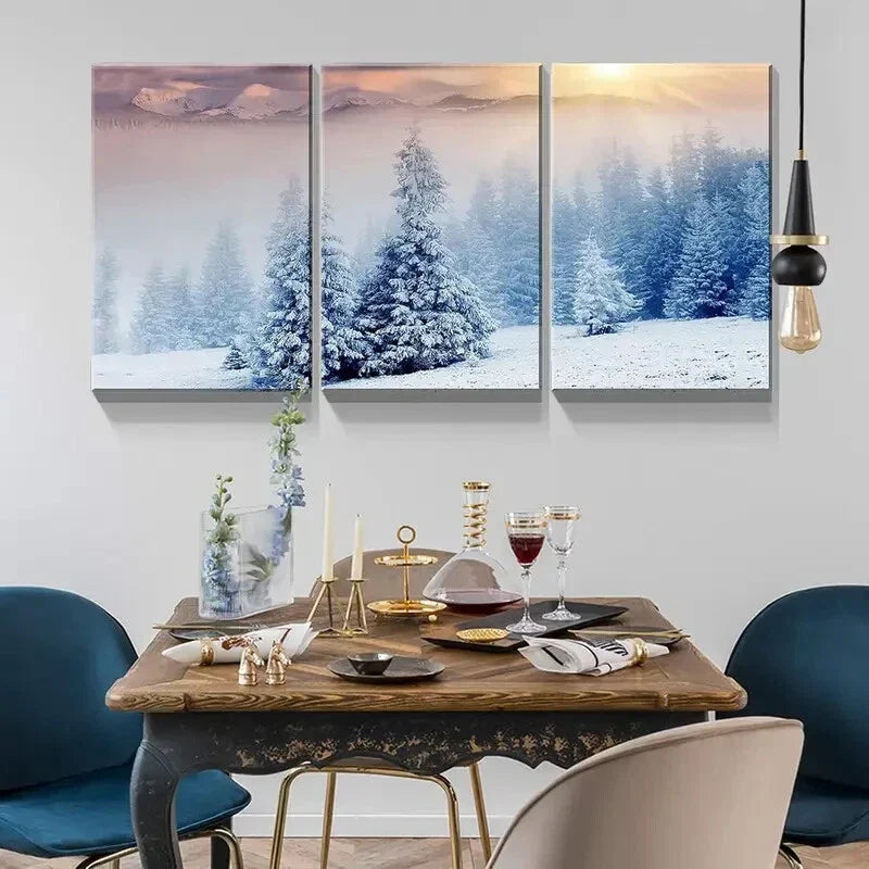 3pcs  Snow Covered Mountains & Trees  Lake Metal Print Ready to Hang Art