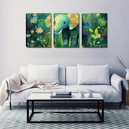 3pcs Elephant Walking in Rainforest Tropical  Wall Art Set Canvas Framed 40x60cm - High Quality Print 100% Australian Made Wall Canvas Ready to Hang