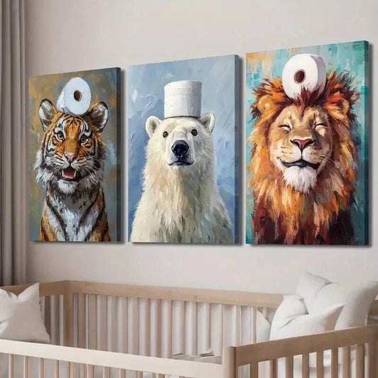 3pcs Tiger and Polar Bear Toilet Paper on Head Wall Art Set Canvas Framed 40x60cm - High Quality Print 100% Australian Made Wall Canvas Ready to Hang
